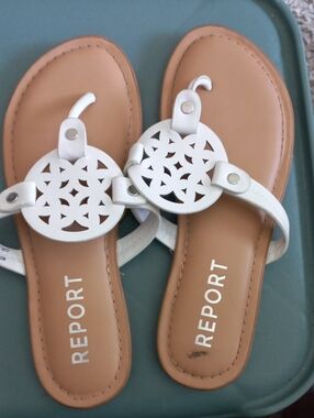 Report White Laser-Cut Medallion Thong Sandals